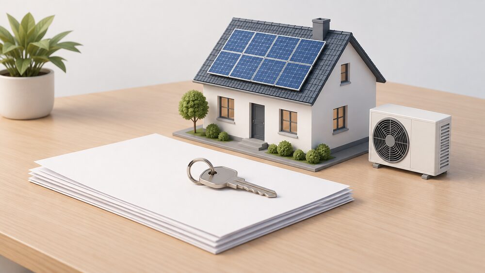 A small model house with solar panels on its pitched roof and a tiny heat pump fan unit standing beside it, placed on a table behind a neat stack of blank certificates and warranty papers with a house key resting on top.