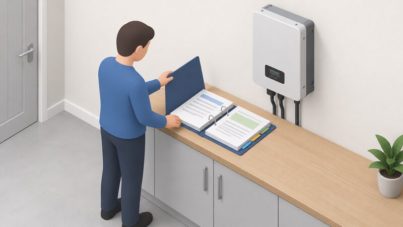 An open ring-binder handover pack lying on a worktop beside a wall-mounted solar inverter, its pages shown as blank certificate sheets, folded drawings and plain colour bands, with a simplified figure closing the folder after checking the contents.