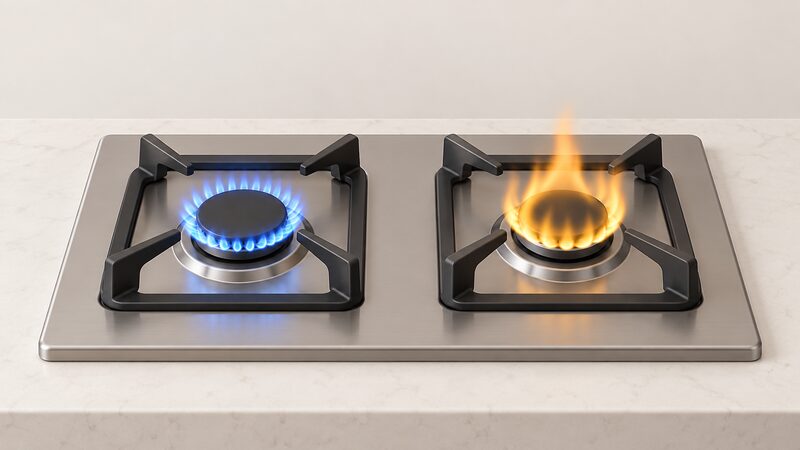 A close-up of a gas hob with two burners side by side, one lit with a crisp blue flame and the other with a lazy yellow-orange flame, shown on a plain kitchen worktop for comparison.