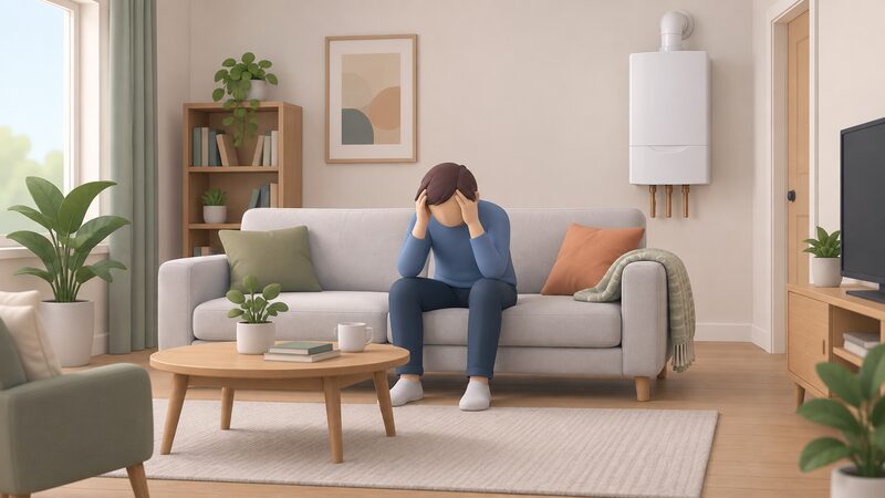 A simplified figure sits slumped on a living-room sofa holding their head with both hands, while a wall-mounted gas boiler is visible in the background of the same room.