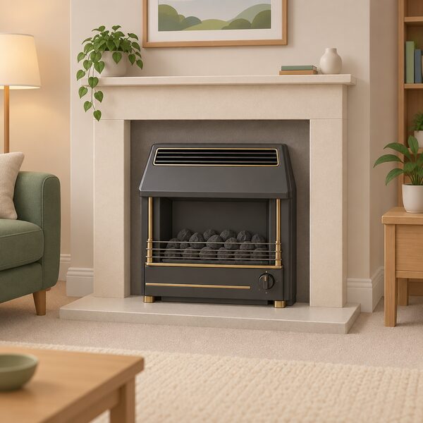 A domestic gas fire in a home living room, switched off with its flames extinguished and controls turned off, sitting in a chimney breast awaiting a safety check.