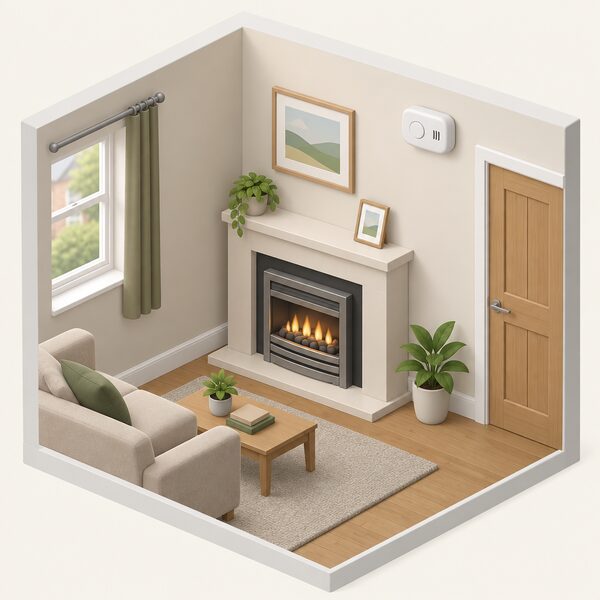 A carbon monoxide alarm mounted on the wall or ceiling of a room containing a gas fuel appliance, such as a gas fire or boiler, shown in a simple domestic interior with the alarm clearly positioned near the appliance.