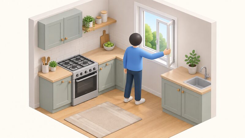 A simplified figure pushes open a kitchen window while a gas cooker in the same room stands switched off, its control knobs turned off, showing the first step of ventilating the room before leaving the building.