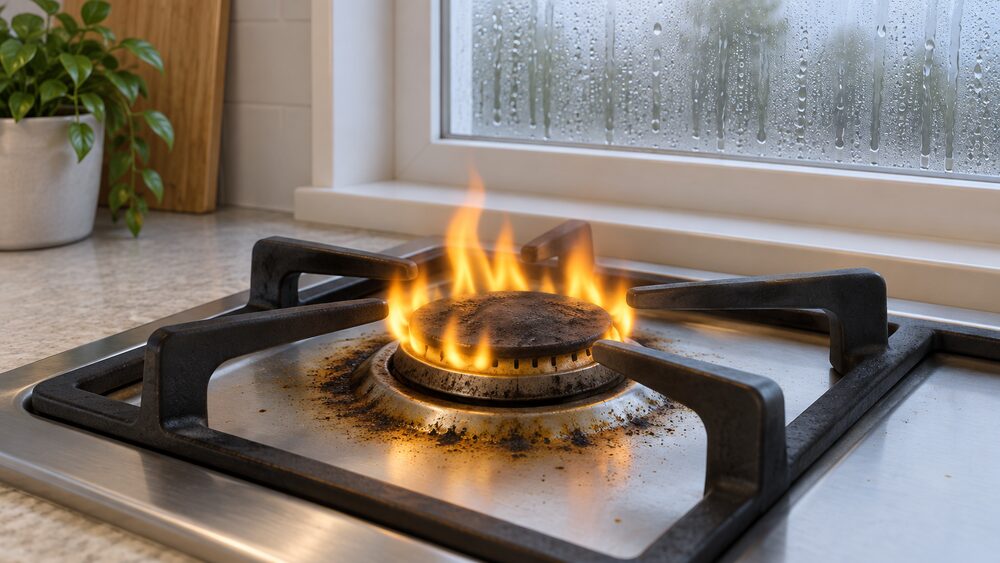A close-up of a gas cooker burner on a kitchen hob with a lazy, floppy yellow-orange flame instead of a crisp blue one, dark soot and yellow-brown staining on and around the appliance, and a window behind showing increased condensation.