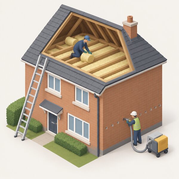 An installer in plain work clothing laying insulation rolls between loft joists while a second installer injects insulation through a drilled hole in the external cavity wall of a social home, with a ladder against the house.