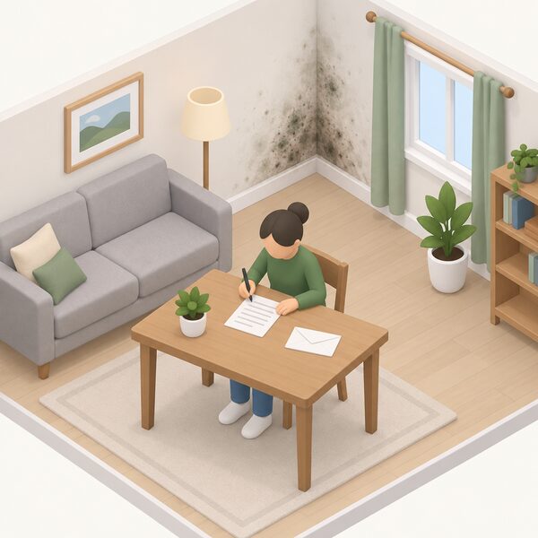 A simplified isometric tenant seated at a table in their living room writing a dated written report of damp and mould on a sheet of paper, with a damp-stained, mouldy wall corner visible nearby and an envelope ready for posting to the landlord.