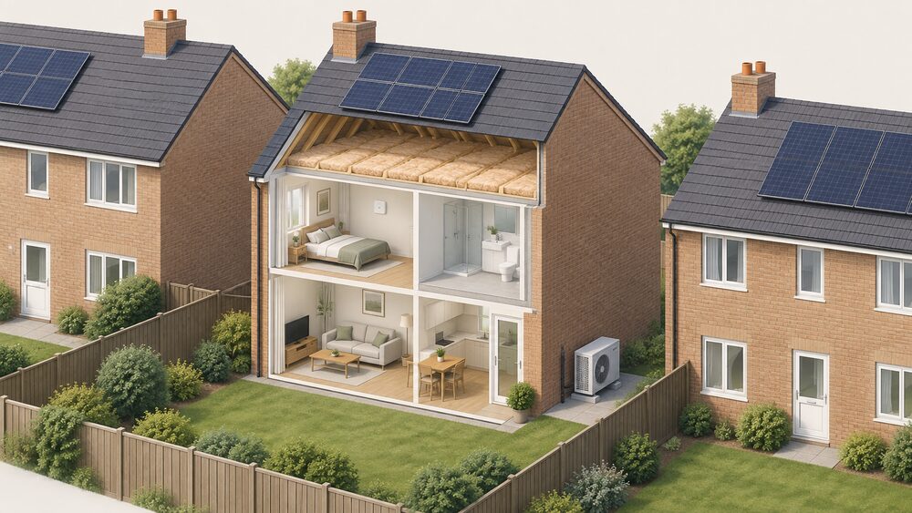 A cutaway of a single social house being retrofitted: solar panels on the roof, insulation laid over the loft joists, an air source heat pump standing on the ground outside the rear wall, and a small wall-mounted humidity sensor inside a room, all on an ordinary street of similar houses.
