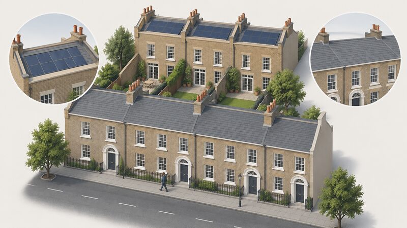 A Georgian terraced house seen from the rear, with a row of solar panels mounted flush on the rear roof slope behind the parapet, while the street-facing front elevation remains plain and unaltered.