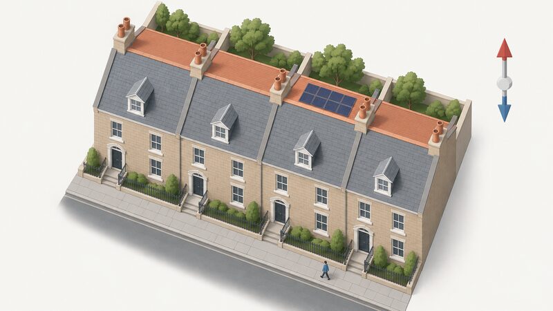 A simplified overhead roof plan of a Georgian terrace house with its ridge running along the street, showing the front slope facing north and the rear slope facing south highlighted in a plain colour, with chimney stacks and a dormer marked and a simple compass arrow indicating direction.