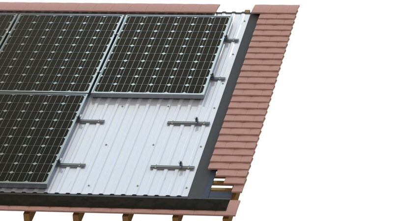 A 3D diagram of an in-roof solar panel mounting system showing panels, flashing tray and roof tiles on a cutaway roof section