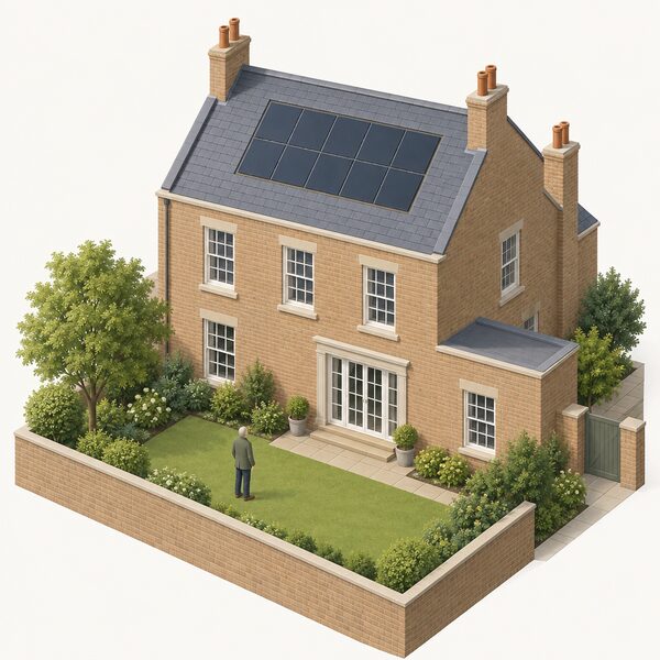 A rear roof slope of a Georgian house where slim solar panels sit flush, set into the slate roof covering level with the slates rather than raised above them, with a conservation officer's simplified figure inspecting the finished flush array from ground level.