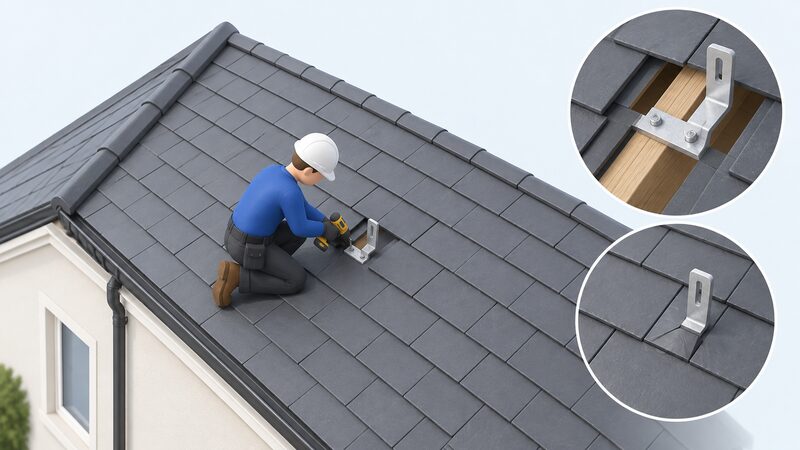 An installer on a slate roof fixing a metal mounting bracket to a rafter, with surrounding slates cut and dressed neatly around the fixing so the covering stays weathertight.
