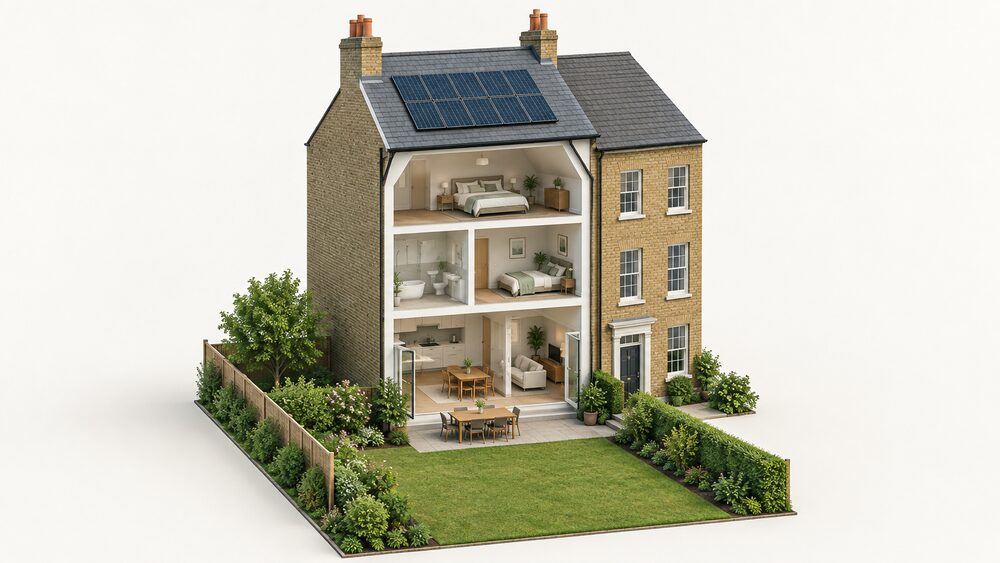 A Georgian terraced house seen from the rear, its steeply pitched slate roof carrying a rectangular array of solar panels mounted flush on the rear slope, with the plain street-facing front elevation of the house left untouched.