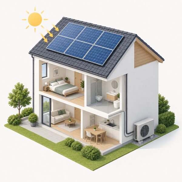 A house with solar panels on its roof and a heat pump outdoor fan unit standing on the ground beside an outside wall, connected by a cable and pipe run into the house.