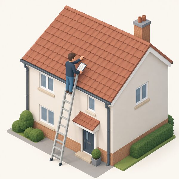 A surveyor in plain clothing stands on a ladder against an ordinary house roof, inspecting the bare tiles and taking notes on a clipboard to assess suitability for a future solar panel installation, with no panels fitted yet.