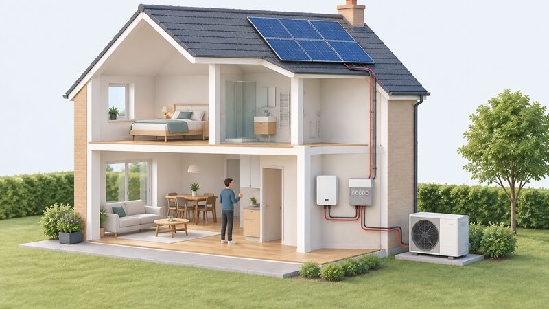A cutaway house view showing a solar panel array on the roof with cabling running down inside the wall to an inverter mounted beside the consumer unit, which connects onward to a heat pump unit outside the home.