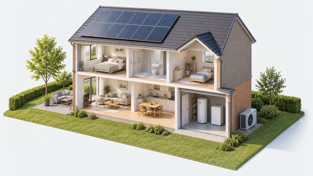 A cutaway house on a sunny day with solar panels on the roof, an air source heat pump fan unit standing on the ground outside an external wall, and a battery storage unit and hot water cylinder inside the garage.