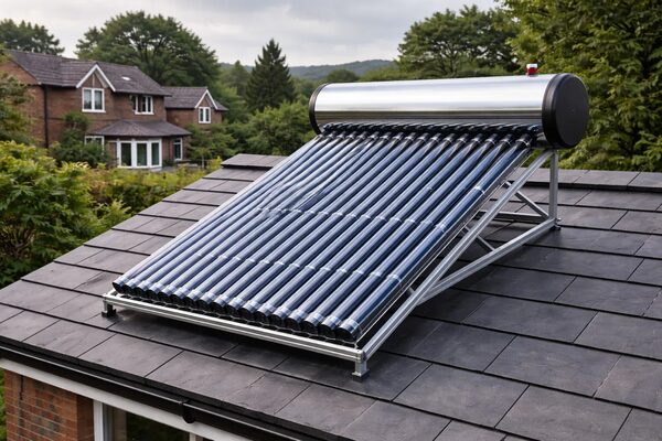 An evacuated-tube solar water heater with a cylindrical tank mounted on a slate-tiled roof of a house