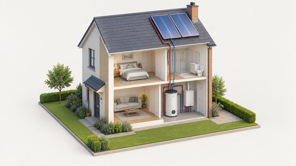 A cutaway house showing solar thermal collector panels on the sunlit roof, connected to a hot water cylinder standing inside the home, with a boiler nearby providing backup heating for the water.