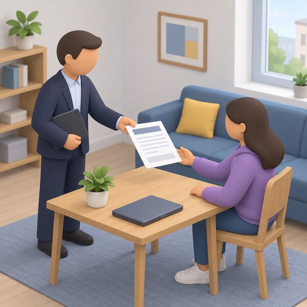 A paper Gas Safety Record certificate lying on a table in a student accommodation living room, being handed over by a simplified landlord figure to a seated tenant, with blank lines and plain blocks standing in for its content.