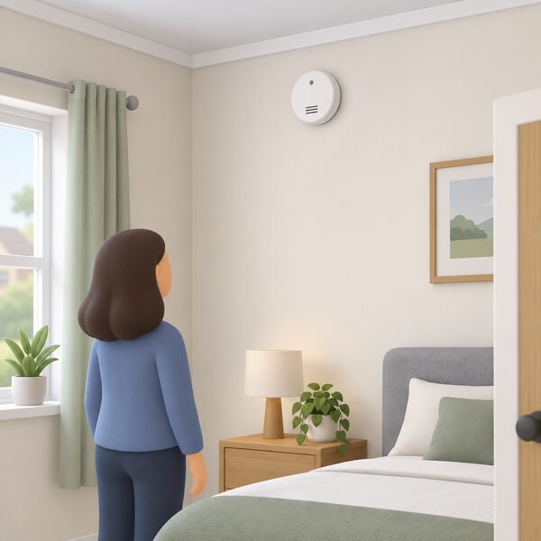 A round carbon monoxide alarm mounted high on the plain wall of a rented room, near the ceiling, drawn as a simple white disc with a small indicator light, in an otherwise ordinary domestic interior.