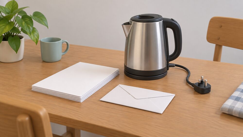 A kitchen table in a rented student flat holds a small stack of blank documents and a sealed envelope beside a corded electric kettle with its plug resting on the table, the paperwork a tenant would request from a landlord next to the tenant's own plugged-in appliance.