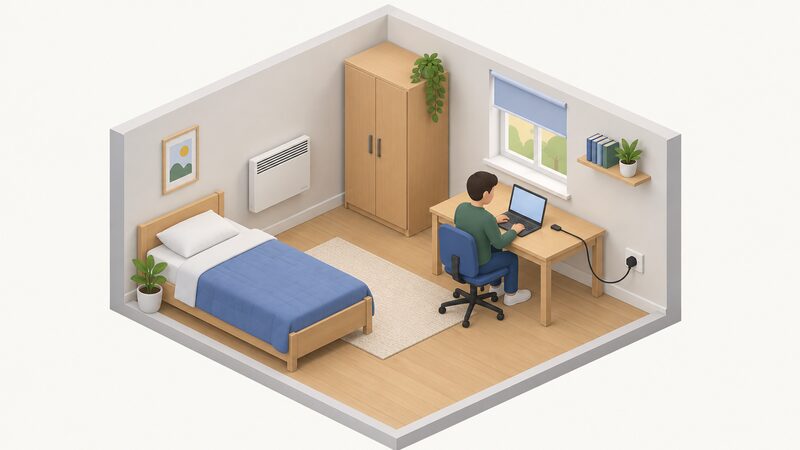 A simple isometric student bedroom showing a fixed wall-mounted electric heater supplied by the landlord on one side, and on the other a desk where a seated student uses a laptop connected to its own plug-in charger lead running to a wall socket.
