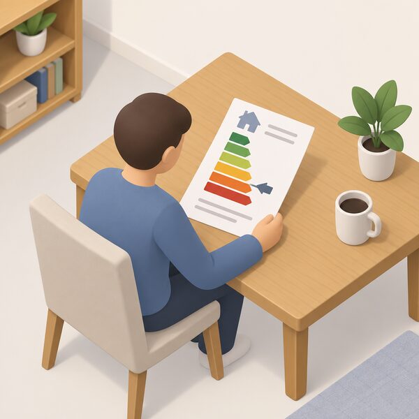 A printed EPC certificate sheet lying on a table in a privately rented home, showing the A to G rating scale as a vertical colour-banded chart with a marker at band E, with a simplified isometric figure of a person reading it.