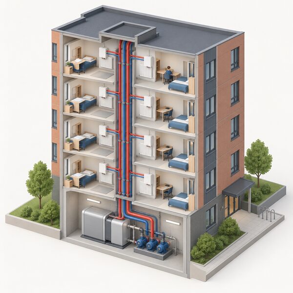 An isometric cutaway of a purpose-built student block with a communal heat network plant room at its base, where a large communal heat unit and distribution pipework rise through the building to serve individual student rooms, with no boilers in the flats.