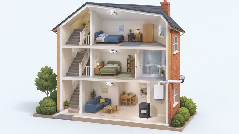 A cutaway three-storey shared student house showing one smoke alarm on each floor, a boiler with its flue passing to the outside wall, and a portable heater standing with clear space around it on the ground floor.