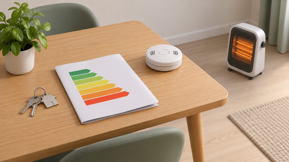 A small tabletop arrangement showing the moment before signing for a student let: a folded document with a blank coloured rating chart lying on a table beside a set of house keys, a round carbon monoxide alarm and a small portable electric heater placed well clear of any papers or curtains.