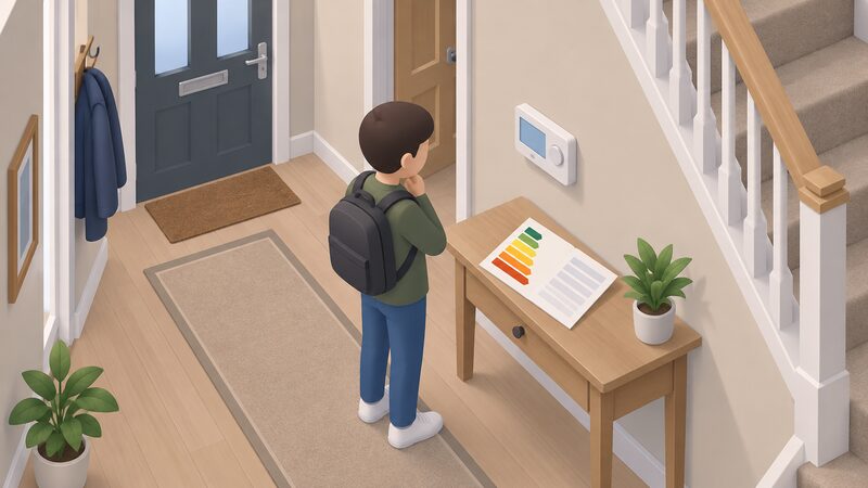 A student viewing a terraced house, with a simplified isometric figure standing in the hallway beside a wall-mounted heating control panel, while a printed Energy Performance Certificate sheet lies open on a nearby table showing plain colour bands and blank lines.