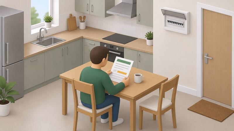 A simplified isometric tenant sits at a kitchen table reading a printed Electrical Installation Condition Report, the document shown as a physical sheet with plain colour bands and blank lines instead of readable content, in a rented kitchen with a consumer unit visible on the wall.