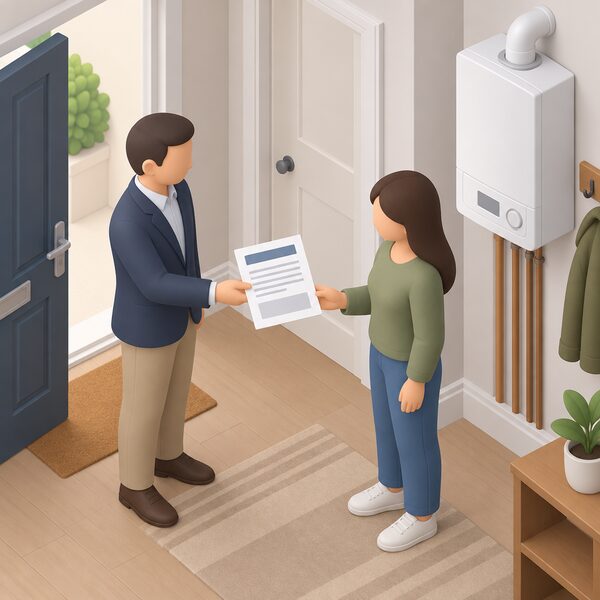 A landlord's hand passing a printed Gas Safety Record paper document to a tenant in a rented home hallway, the sheet shown as a physical document with blank lines and plain blocks standing in for its content, near a gas boiler on the wall.