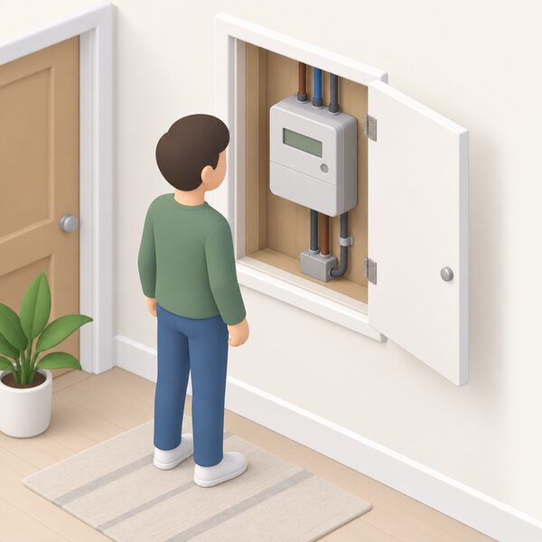 A small isometric figure of a tenant standing beside an electricity meter mounted in a cupboard on an interior wall of the home, with the meter shown as a plain box with a display screen and connection cables, no readable text or numbers.