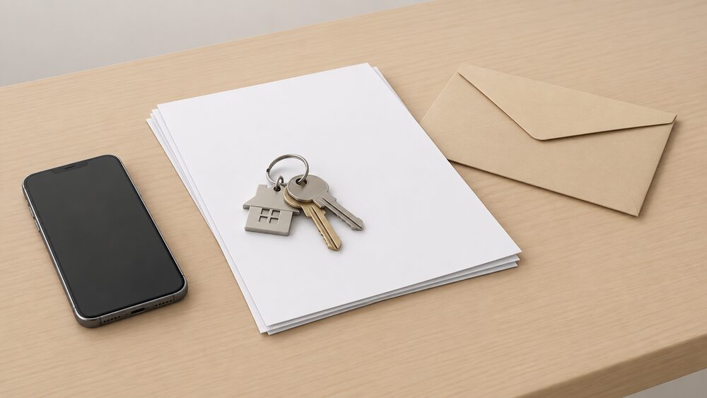 A small tabletop arrangement at the start of a tenancy: a set of house keys resting on blank paperwork beside a sealed envelope and a smartphone lying face up with a blank screen, all on a plain table surface with nothing else around them.