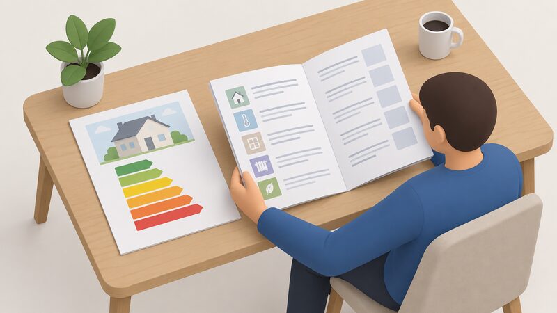 A printed EPC certificate sheet lying on a table beside its attached recommendation report pages, showing the coloured rating band chart and blank line blocks for listed measures, with a simplified figure holding the pages open to read them.
