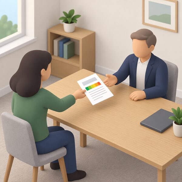 A tenant's hand passing a printed EPC certificate sheet, shown as a physical document with a plain colour band marking the rating band and blank lines elsewhere, across a table to a landlord's waiting hand in a simply furnished room.