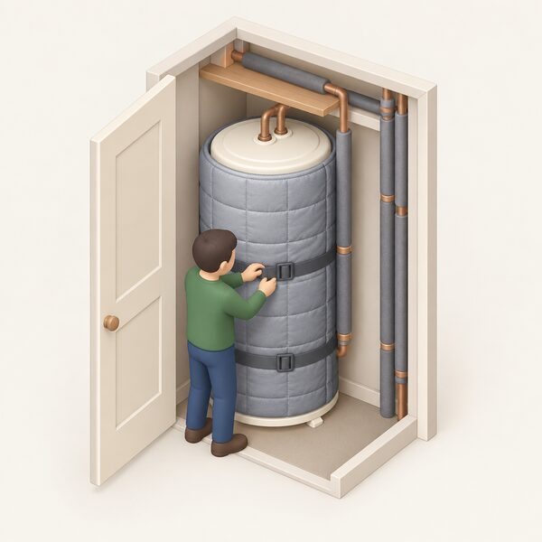 A hot water cylinder in an airing cupboard fitted with a thick quilted insulation jacket, with insulated exposed pipes nearby and a small isometric figure adjusting the jacket straps.