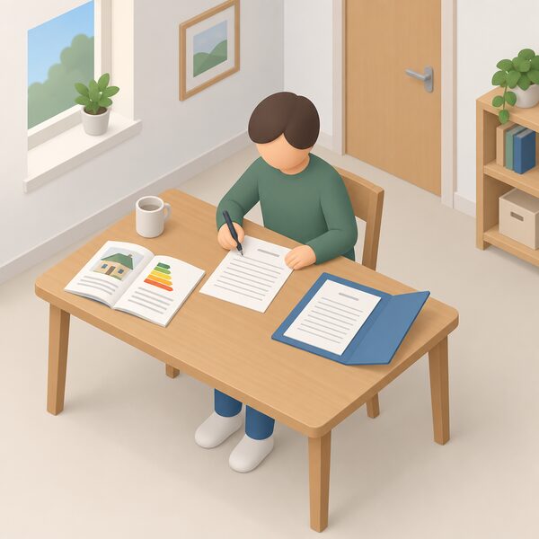 A simplified isometric tenant seated at a table in a plain rented room, writing a letter by hand, with the letter sheet showing a blank date line and blank ruled lines only, an open recommendation report beside it, and a copy of the finished dated letter kept in a folder.