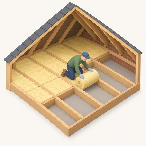 A loft space viewed in cutaway showing a simplified isometric figure kneeling between timber joists, unrolling a blanket of insulation to fill the gaps between them, with the insulated area complete behind and bare joists ahead.