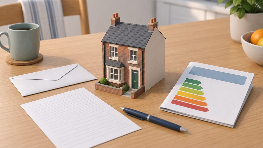 A small model of a terraced house sits on a kitchen table beside a folded certificate document with a coloured band on its front page, a handwritten letter, an envelope and a pen, representing a tenant preparing a documented request to their landlord.