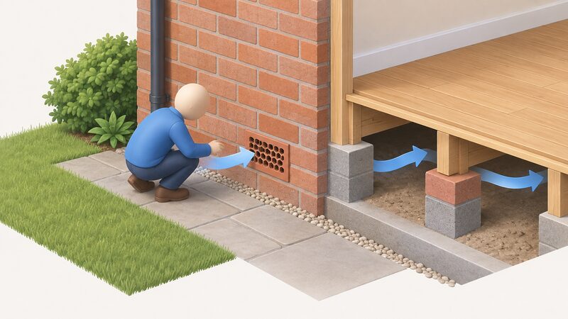 A close-up of a honeycomb air brick set low in an external brick wall of a house, with a small isometric figure crouching beside it checking that the openings are clear, and simple arrows showing fresh air passing through into the sub-floor void beneath a suspended floor.