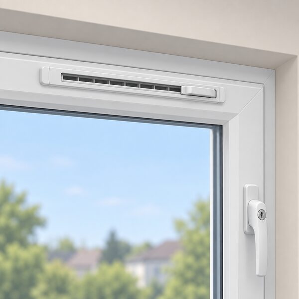A close view of a slim trickle ventilator with its slider set open, built into the top rail of a closed and locked uPVC window frame, seen from inside the room with the glazing and locking handle visible below.
