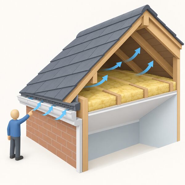 A cutaway view of a pitched roof showing a small continuous vent fitted along the eaves, with a simplified isometric figure pointing to it and arrows showing fresh air flowing through the vent into the roof void above the ceiling insulation.