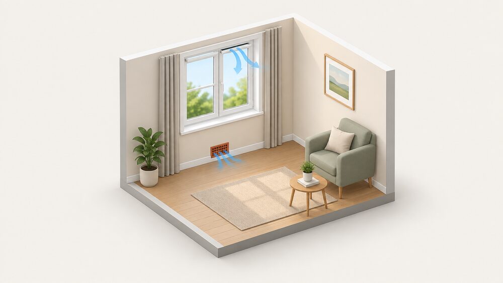 An interior room wall in daylight with a uPVC window whose frame carries an open trickle vent slot at the top, and a terracotta air brick set low in the external wall near the skirting, both openings clearly unobstructed.