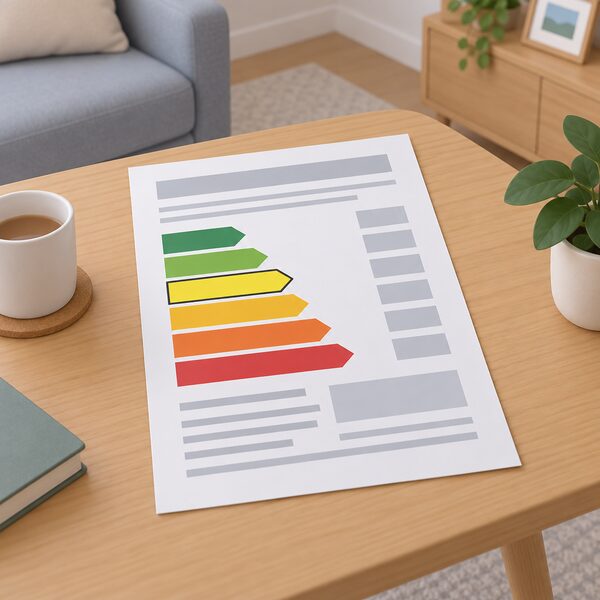 A paper Energy Performance Certificate lying on a table in a home, shown as a physical document with a plain colour band chart of bands A to G, one band highlighted, and blank lines and blocks standing in for all text and figures.
