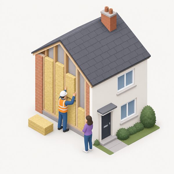 A small isometric figure fitting insulation into the external wall of a simple rented house, with a second figure standing nearby as the tenant of the home, showing the landlord-funded work and the tenant who benefits from it.