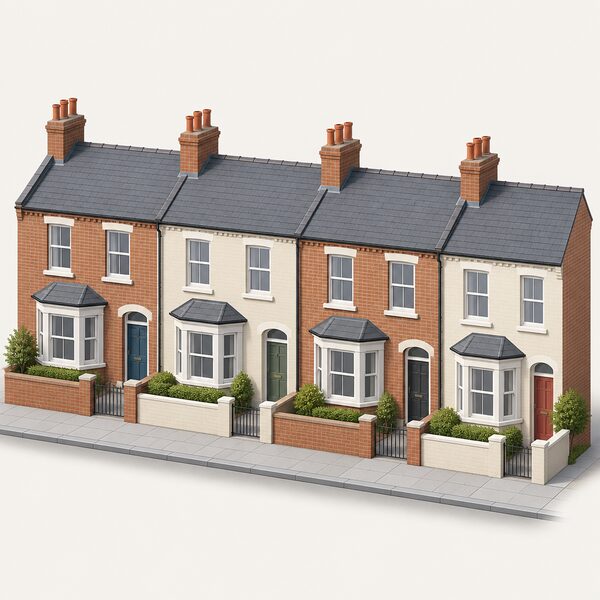 A terraced row of typical British privately rented houses, drawn in simplified elevation with plain brick and render facades, bay windows, front doors and chimneys, standing behind a pavement with small front garden walls, representing the ordinary rented homes the proposed EPC C standards would cover.