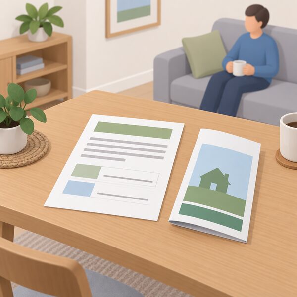 A printed exemptions register entry shown as a physical document lying on a table in a home, with the property's exemption reason and date represented only as blank lines and plain colour blocks, beside a folded energy certificate.